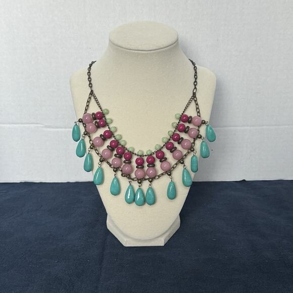 Vintage Egyptian Glass Beaded Collared Necklace M &S Turquoise And Pinks Summer - Picture 1 of 5